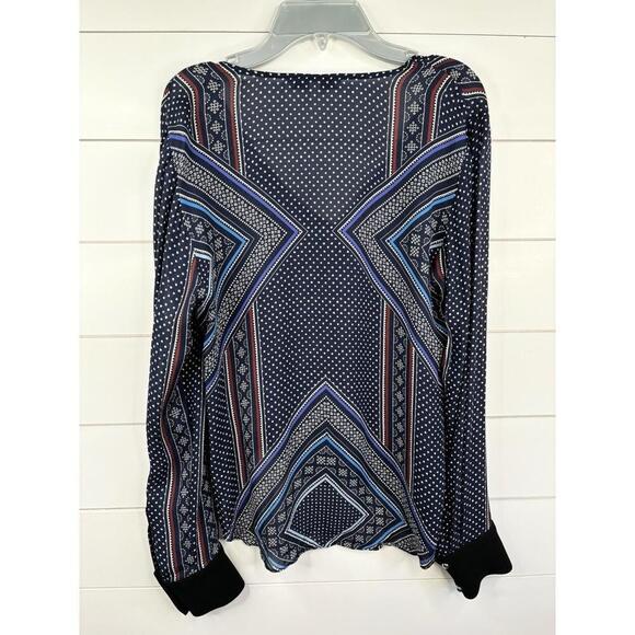 Derek Lam 10 Crosby Long Sleeve V-Neck Swirl Print Womens Blue Top Size 4 Silk - Picture 3 of 10